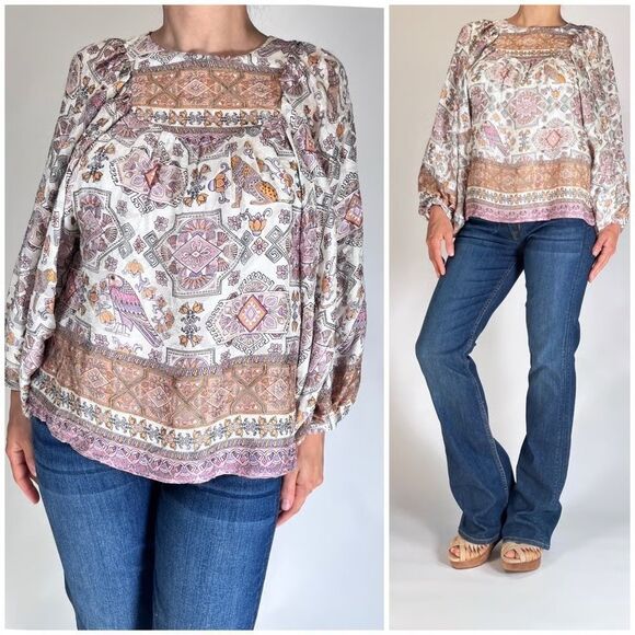 Anthropologie Neutral Floral Silk Long Sleeve Patterned Blouse - Picture 1 of 5